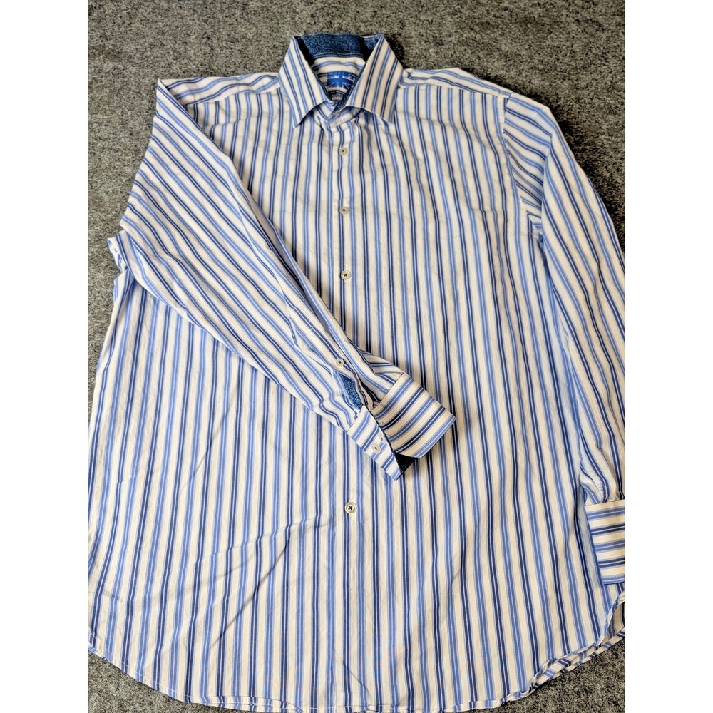 Michelsons London Men's XL Contrast Cuffs Collar Shirt Blue Stripe Long Sleeve